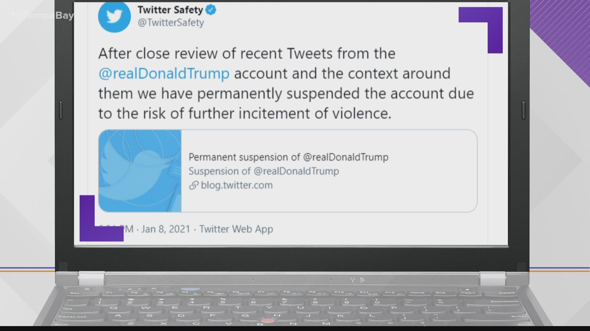 'Due to the risk of further incitement of violence,' Twitter said it has suspended President Trump's personal account.