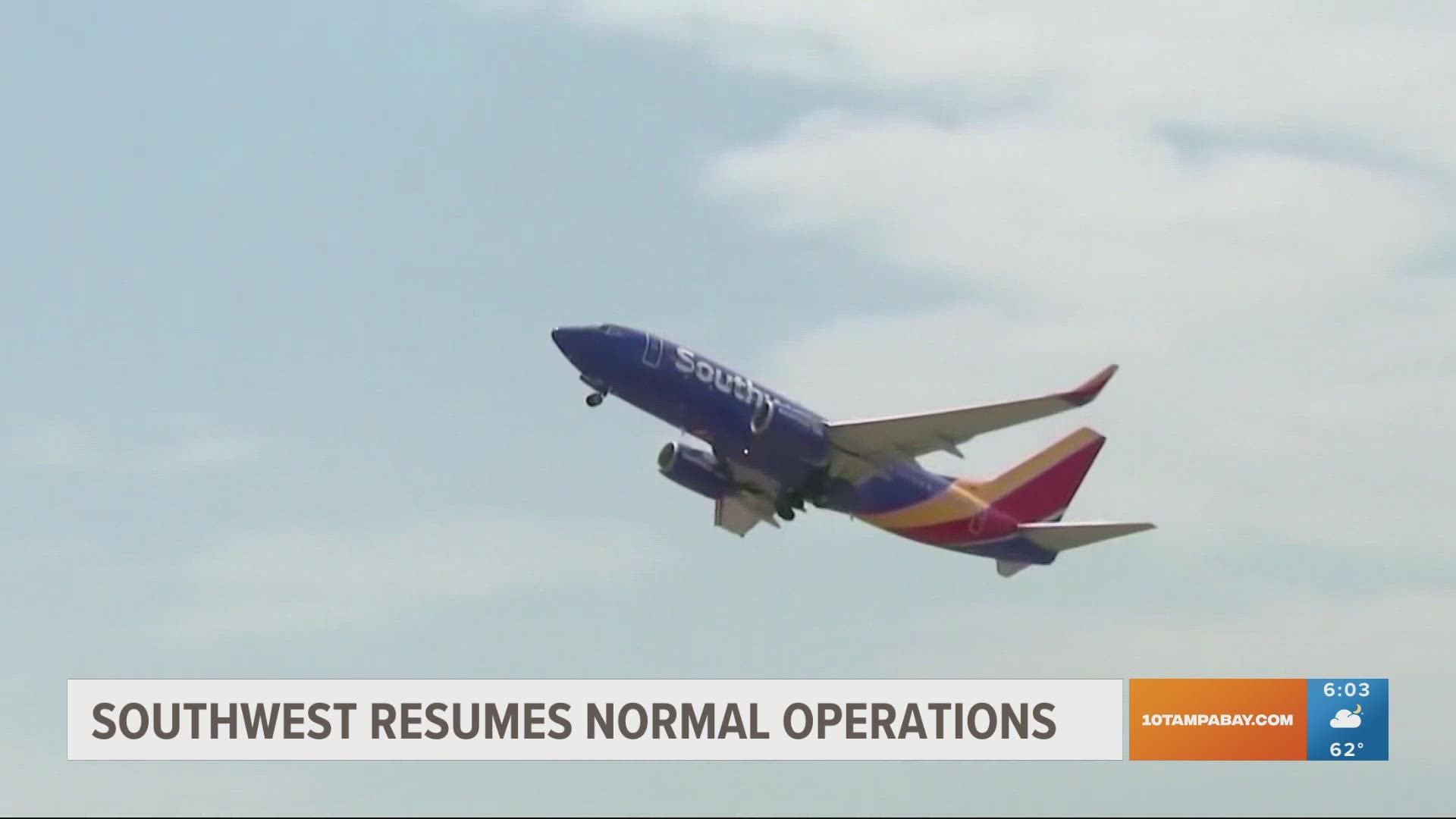 Southwest said it is resuming normal operations today.