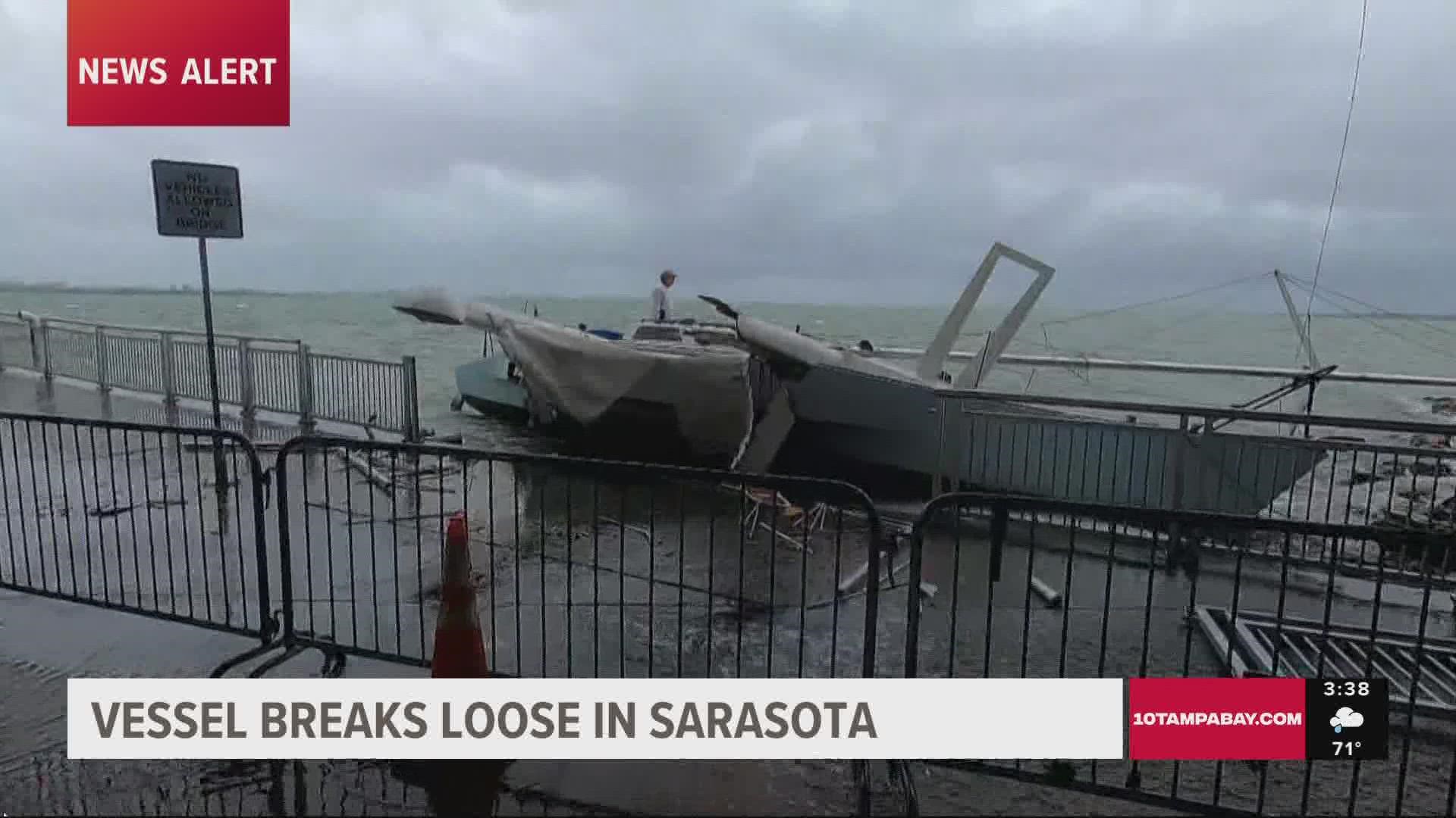 Storm impacts caused a boat to break loose in Sarasota, striking a boat ramp.