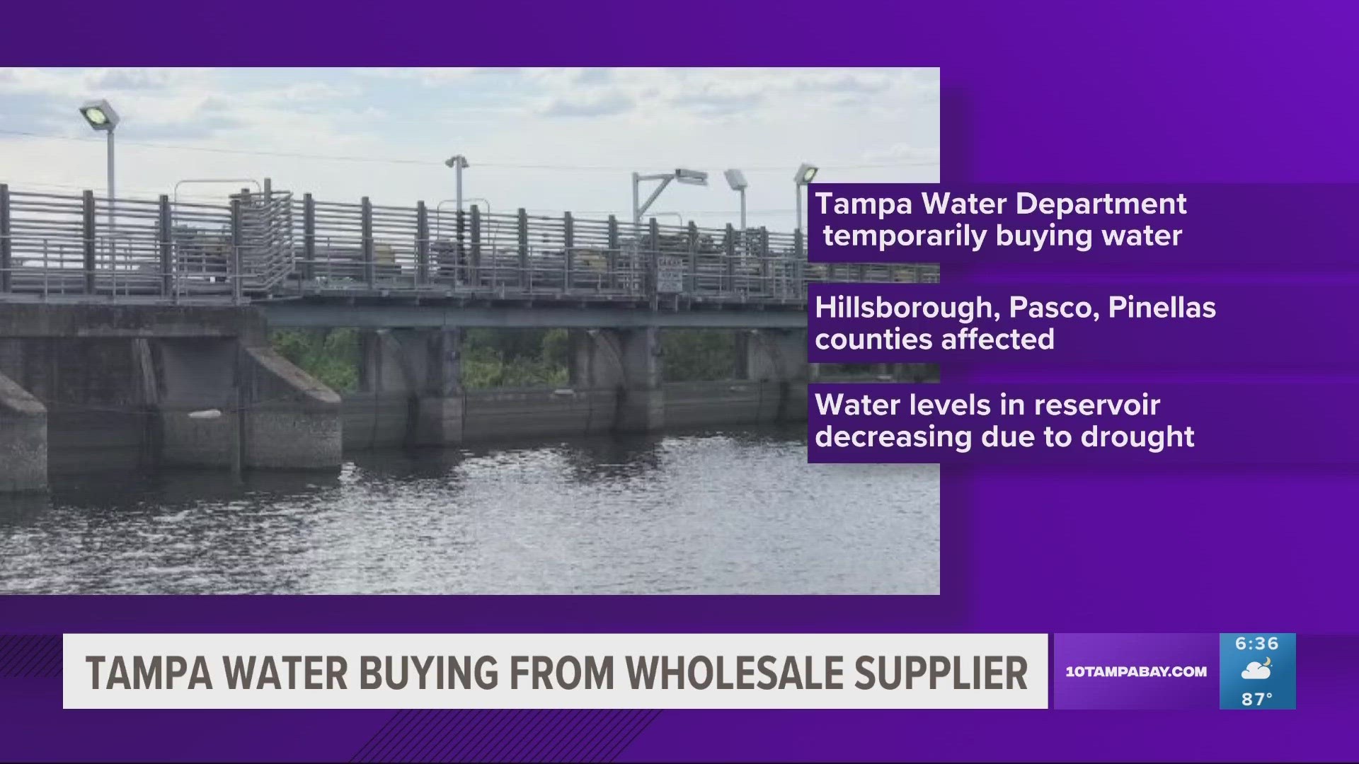 The city of Tampa said Tampa Bay Water supplies wholesale drinking water to Hillsborough, Pasco and Pinellas counties.