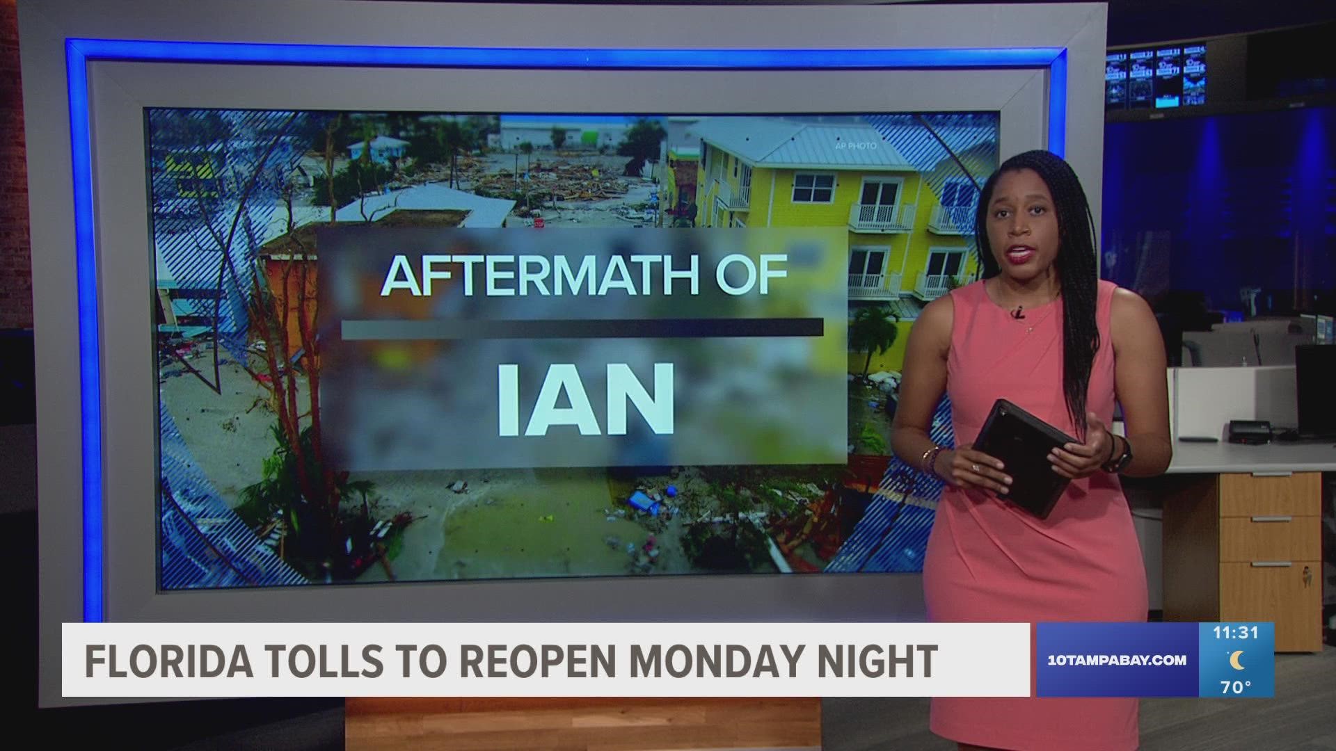 Tolls were initially suspended on certain roads across the state to help with evacuations caused by Hurricane Ian.