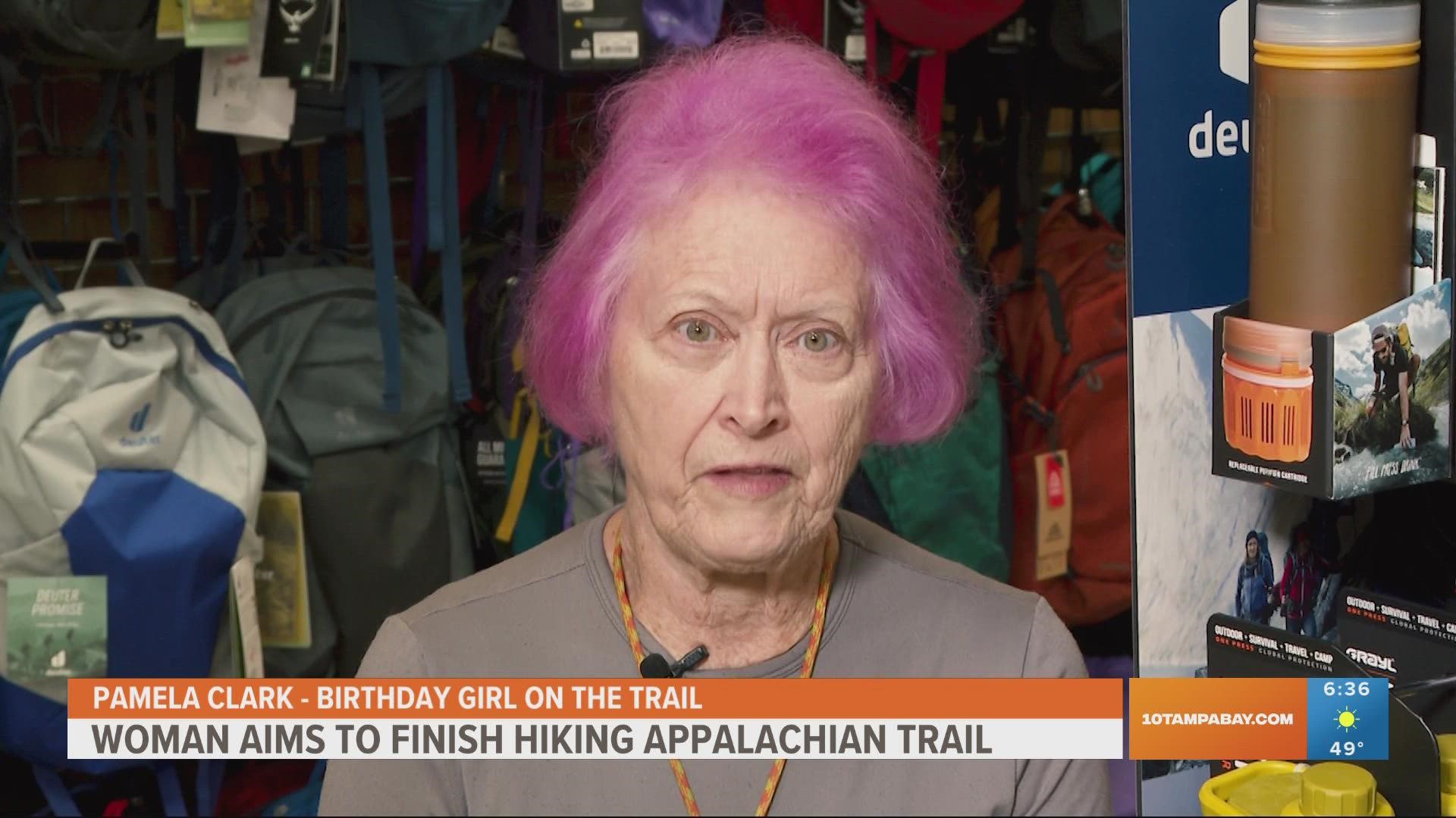 Pamela Clark started the hike on her birthday in March and needs to finish within a year to set a record.