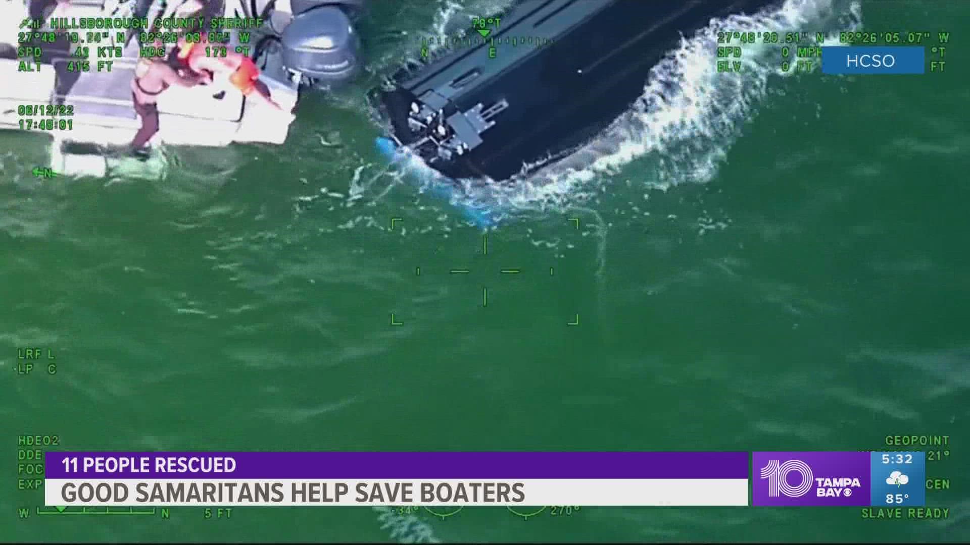 Eleven people including children were stranded and hanging onto the overturned boat.