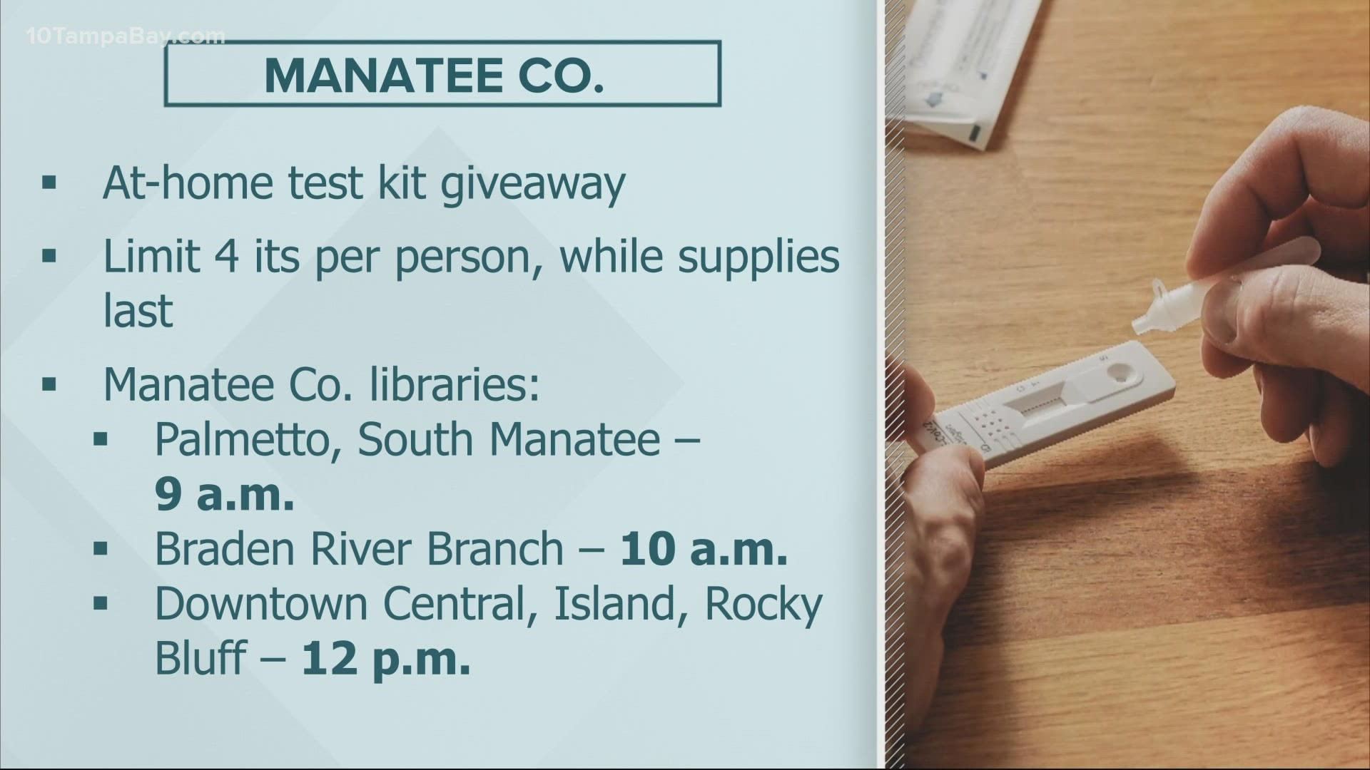 County leaders say the test kits will be given at all Manatee County libraries.