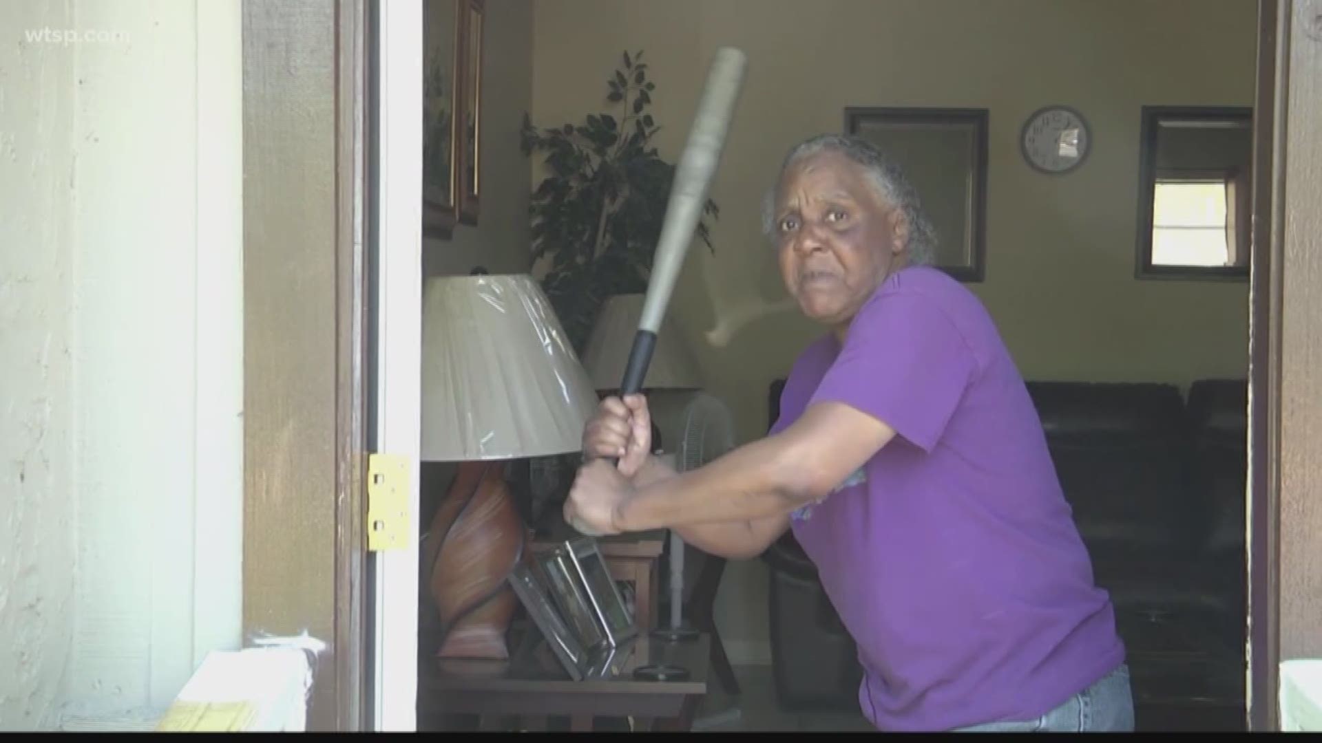 Clarese Gainey, 65, fought off a 300-pound man using a baseball bat.