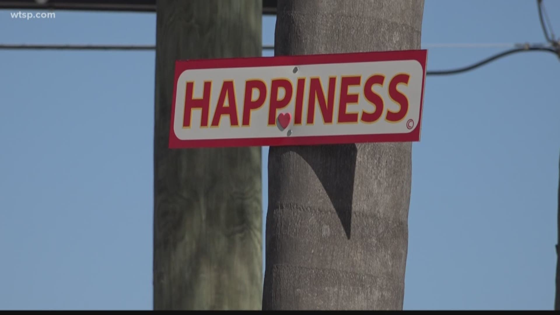 Gary King has hung 48 HAPPINESS signs near his home as a form of therapy. He calls it his 'Happiness experiment.'