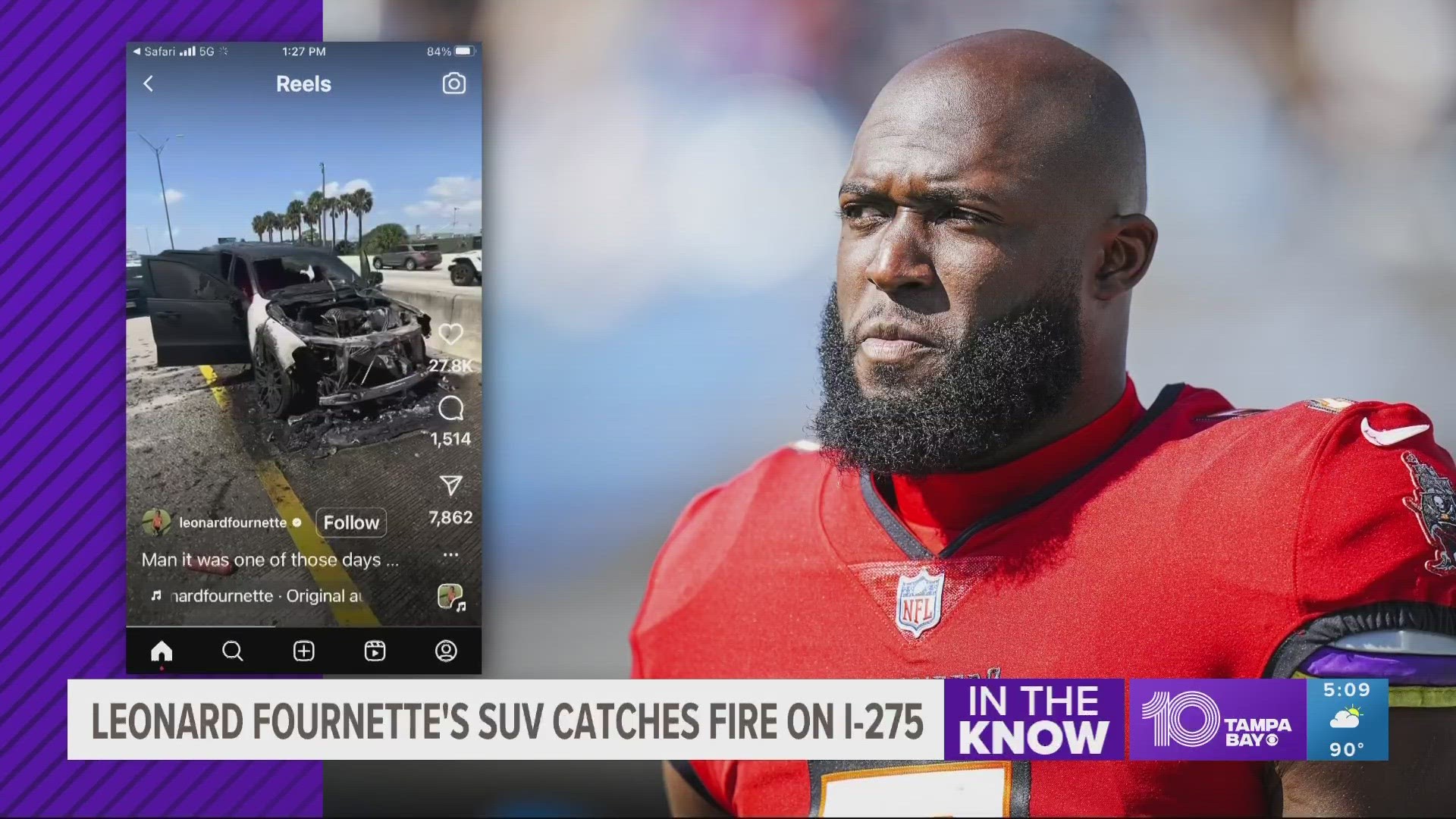 Fournette posted a video to Instagram on Tuesday where he showed his burned vehicle on the side of the highway.