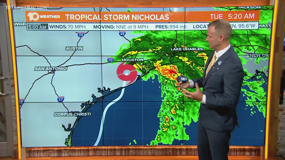 Nicholas weakens to a tropical storm as it moves inland across Texas