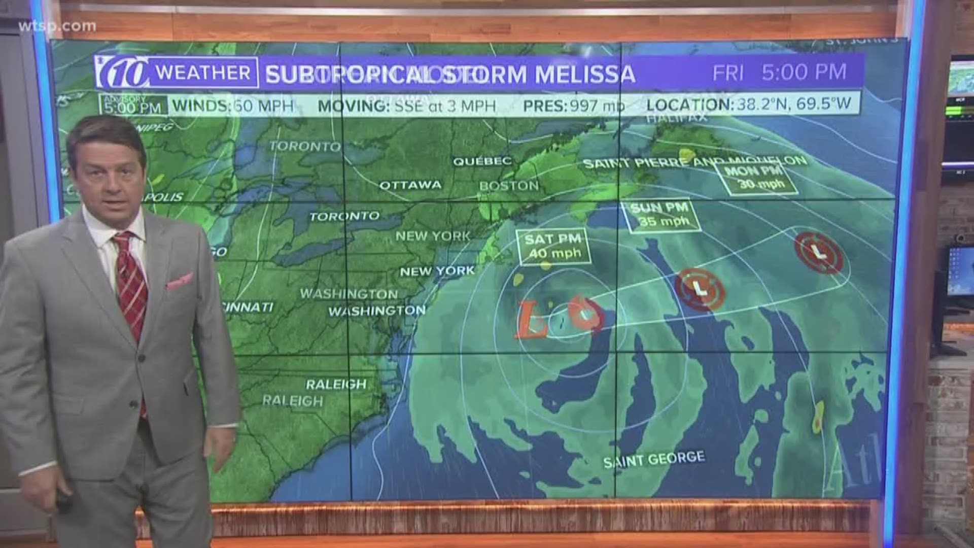The National Hurricane Center says Melissa is currently about 190 miles south of Nantucket, Mass. It's packing 65 mph winds. https://bit.ly/33rCrVN