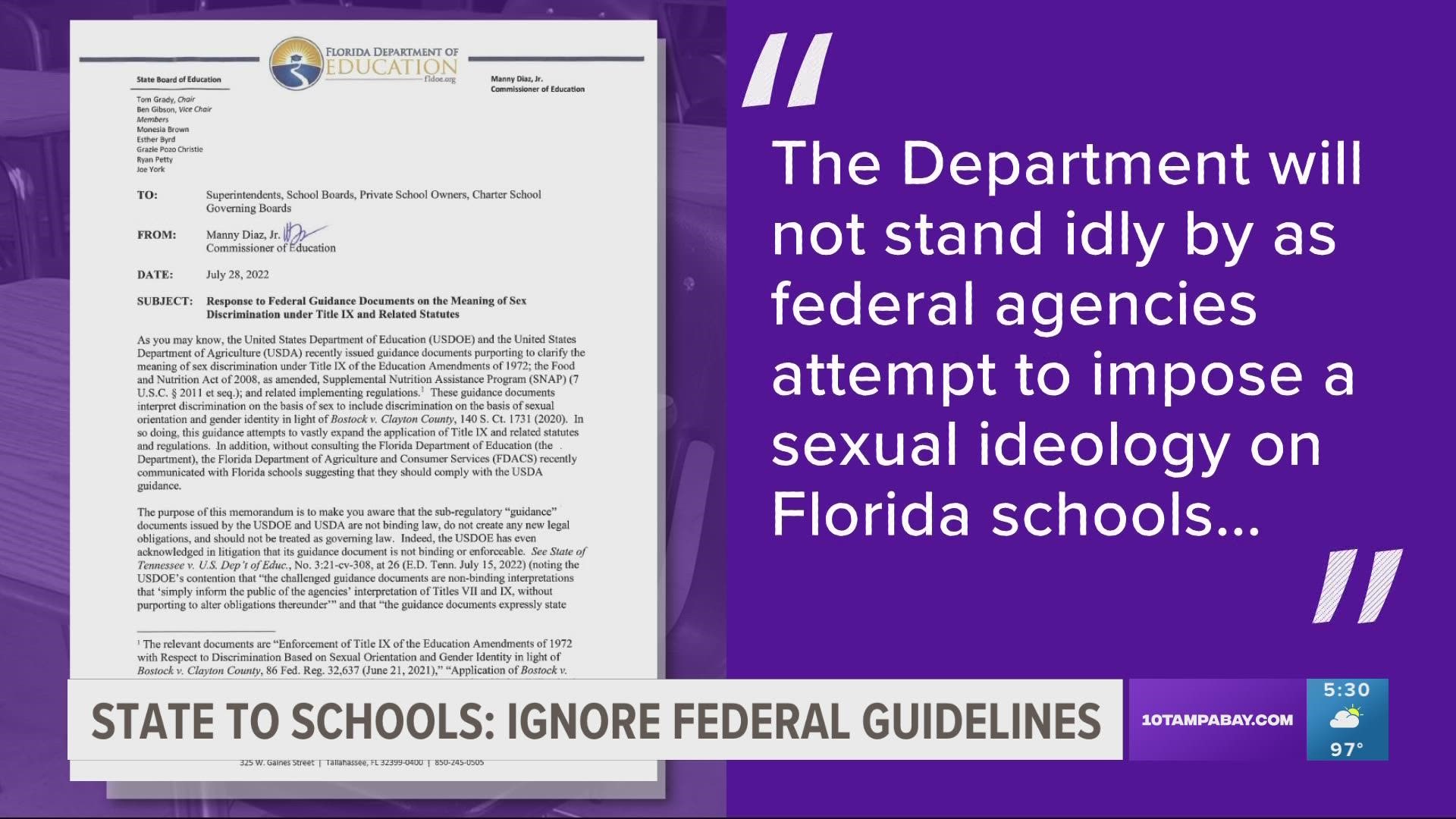 Florida letter urges schools to ignore federal Title IX guidance