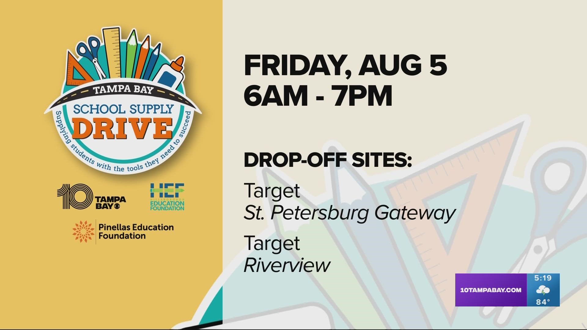 We're accepting donations of vital school supplies on Aug. 5 at the St. Petersburg Gateway Target.