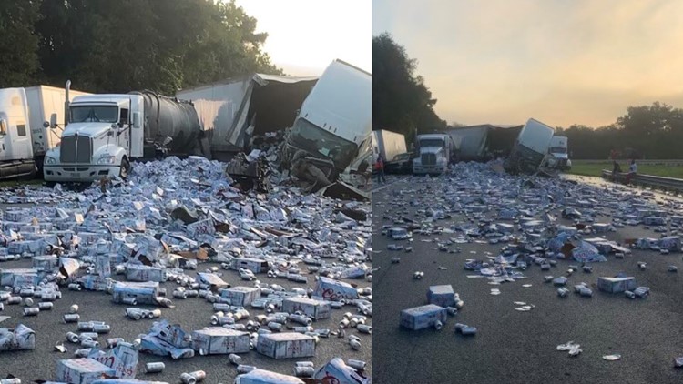 Cases of beer spill on I-75 in Hernando County after multiple semi-trucks collide