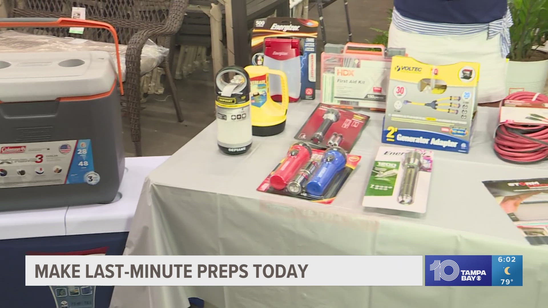 Make sure you have food, water, a first aid kit, flashlights, batteries and anything else you might need in case you lose electricity or water service.