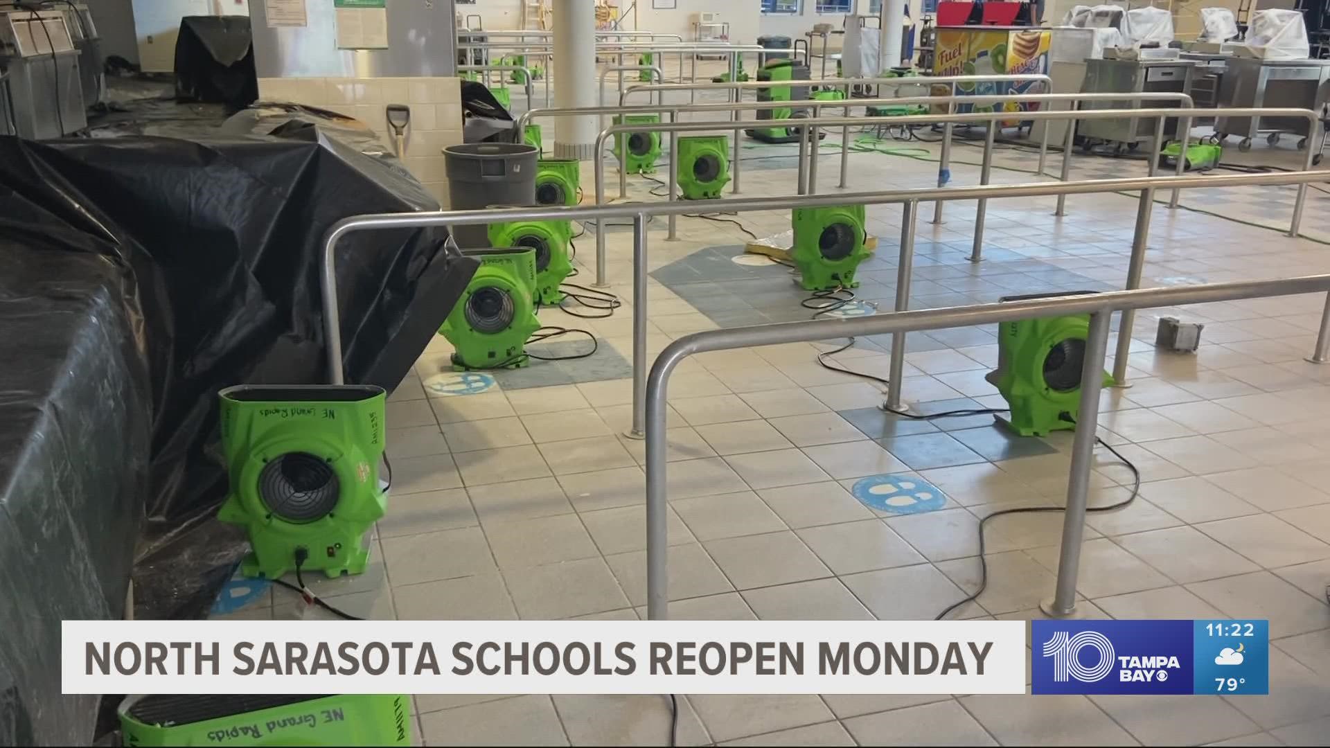 Northern schools in the county will reopen Monday, while areas in the southern region will reopen one week later due to repairs.