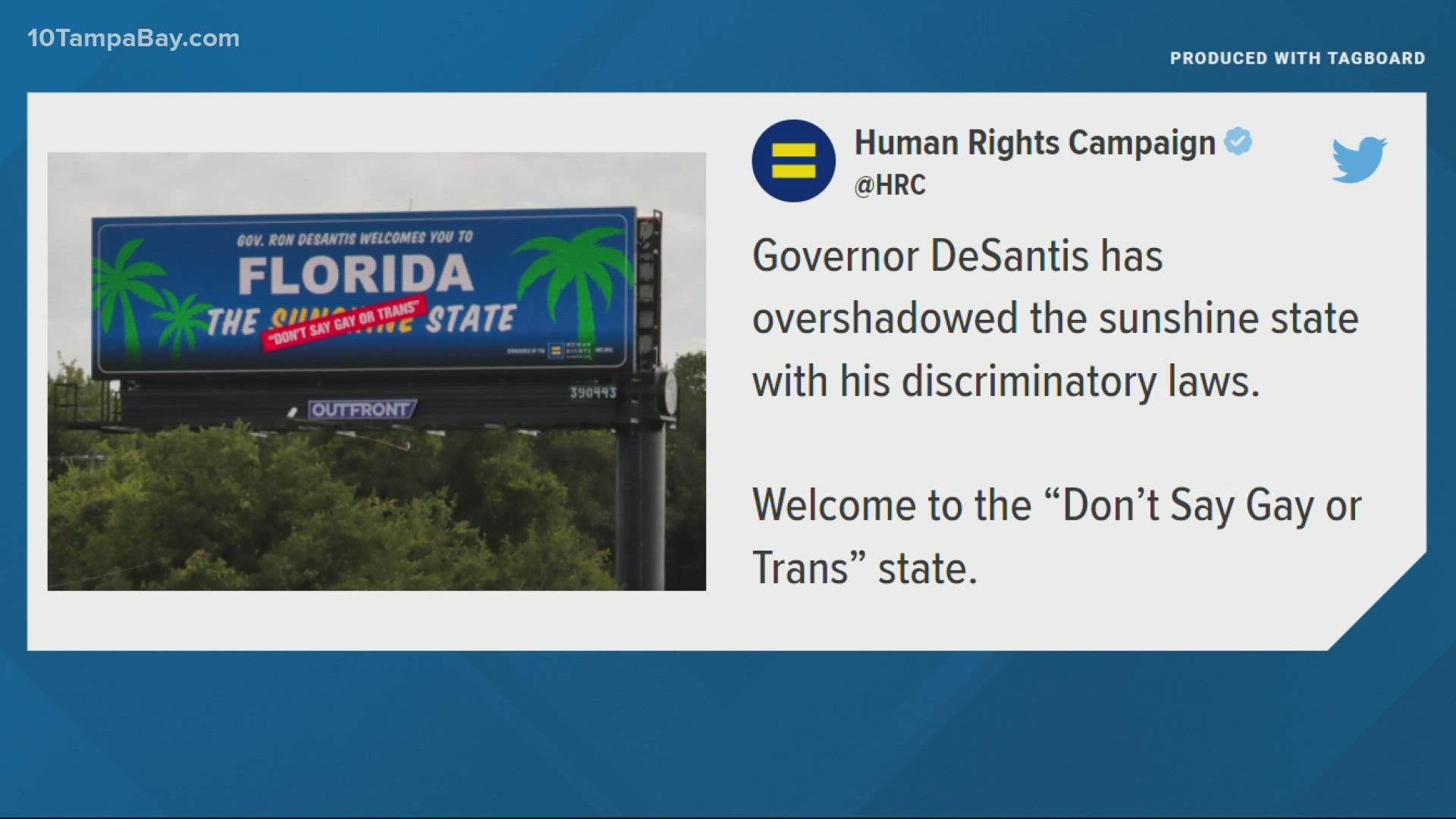 It calls Florida the "Don't Say Gay or Trans State" after DeSantis signed a bill that bars educators from teaching about sexual orientation or gender identity.
