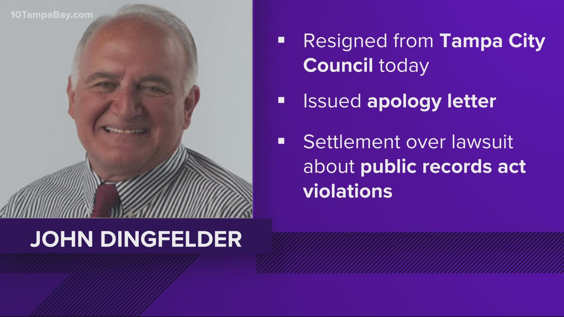 Tampa City Councilman John Dingfelder issued an apology Monday after resigning from his position.