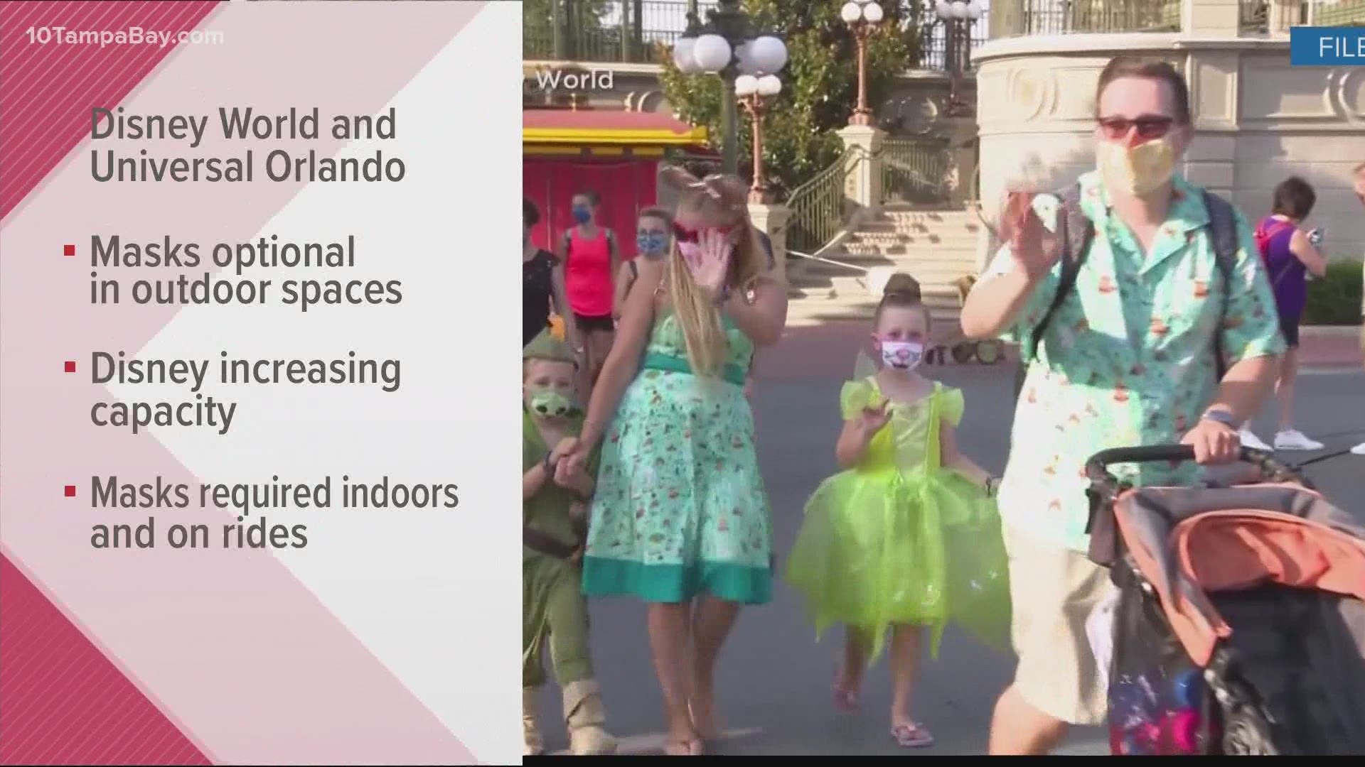 Masks will still be required on all attractions and indoors, according to current rules.