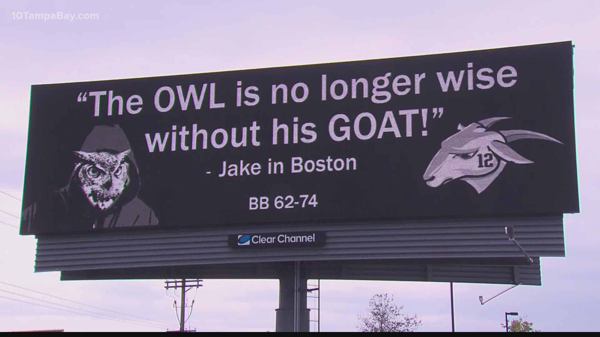 The billboard towers over Route 1, not too far from the Gillette Stadium which will force fans to see it on their way to the game, CBS Boston says.
