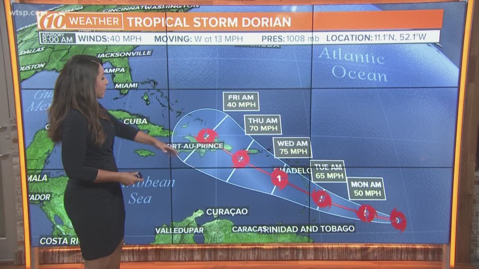 The National Hurricane Center is tracking a newly formed tropical storm in the Atlantic Ocean. Weather forecast models say that Tropical Storm Dorian could develop into Category 1 hurricane as soon as Tuesday upon reaching the Caribbean islands. However, it so far appears any strengthening into a hurricane might not last long because of unfavorable conditions across that region.