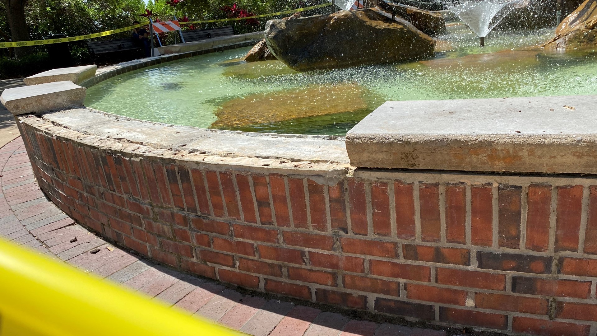 Investigators still don't know who tore apart parts of the concrete fountain.