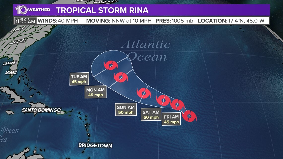 Tropical Storm Rina forms in the central Atlantic