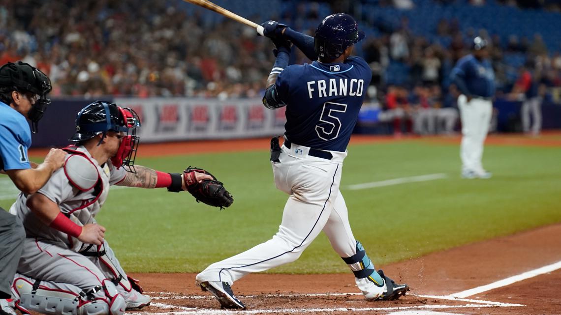 Tampa Bay Rays' Wander Franco sports a tattoo with the date he made his  major league debut as he waits at the on deck circle during the ninth  inning of a baseball