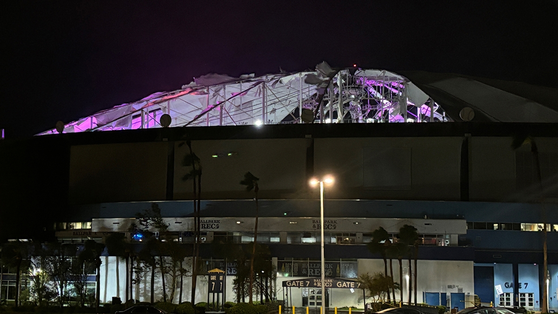 The roof of Tropicana Field was torn off during Hurricane Milton's high wind speeds.