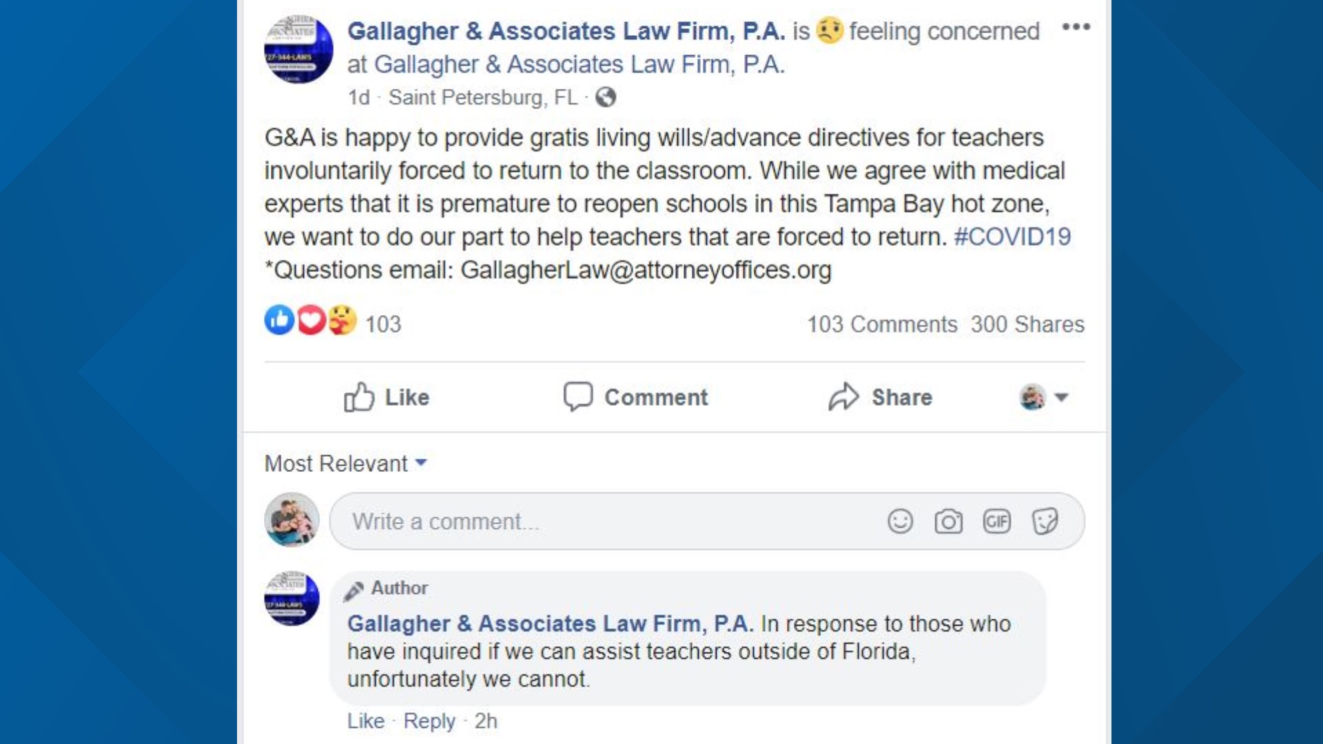 A St. Petersburg attorney is offering living wills free of charge for teachers returning to the classroom amid the coronavirus pandemic.