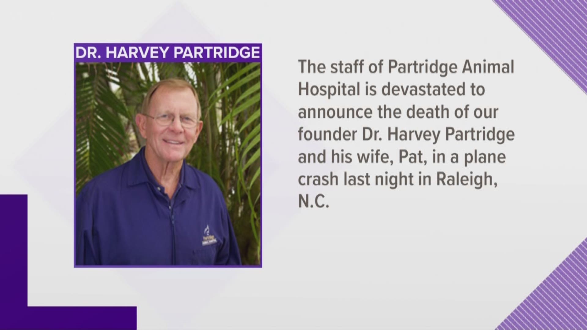 The airport confirmed in a news release that the veterinarian and his wife were killed when their plane went down Sunday night. https://bit.ly/32AUh95