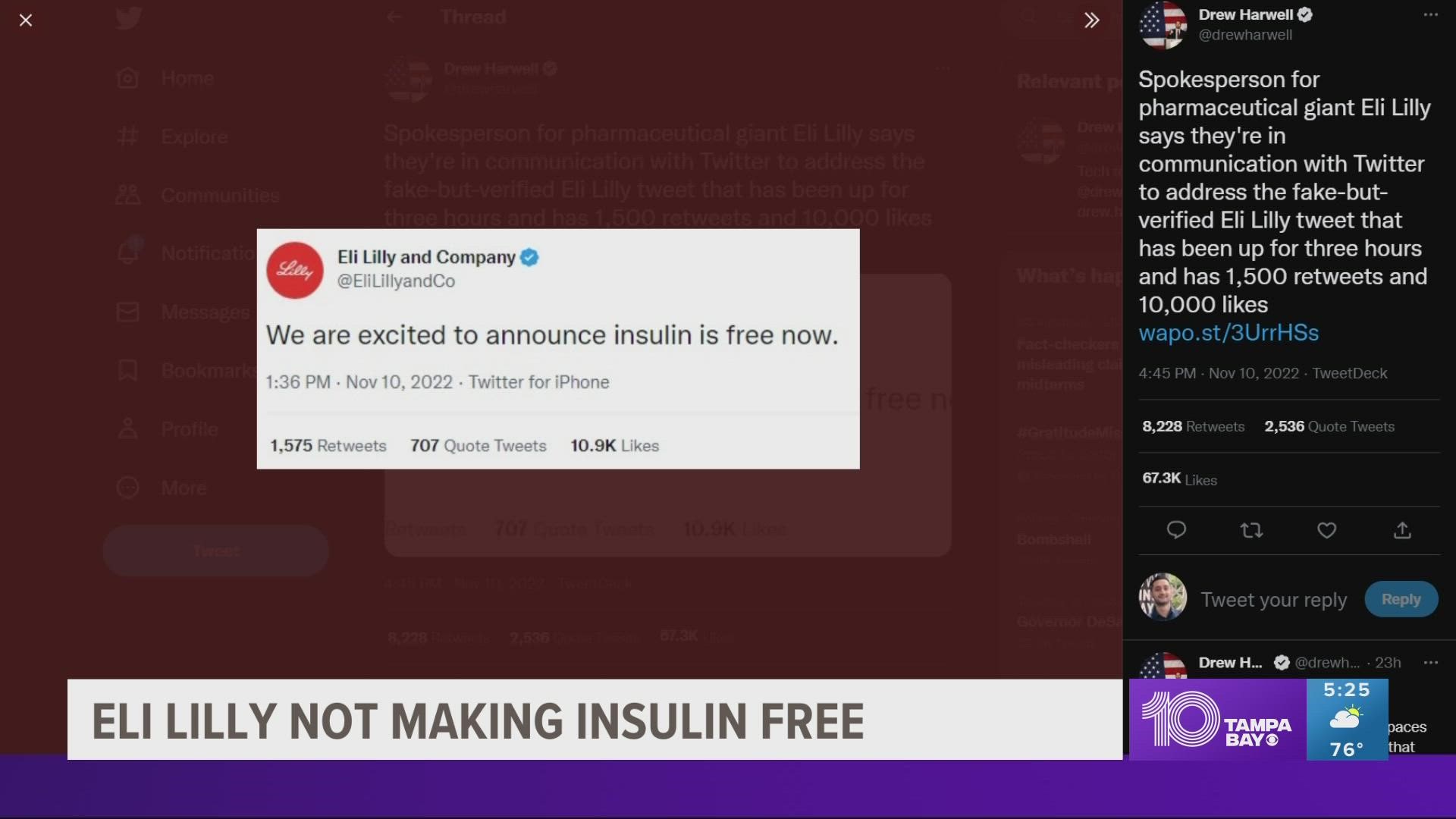 An account impersonating Eli Lilly used the new subscription-based Twitter Blue checkmark to make a fake tweet about free insulin.