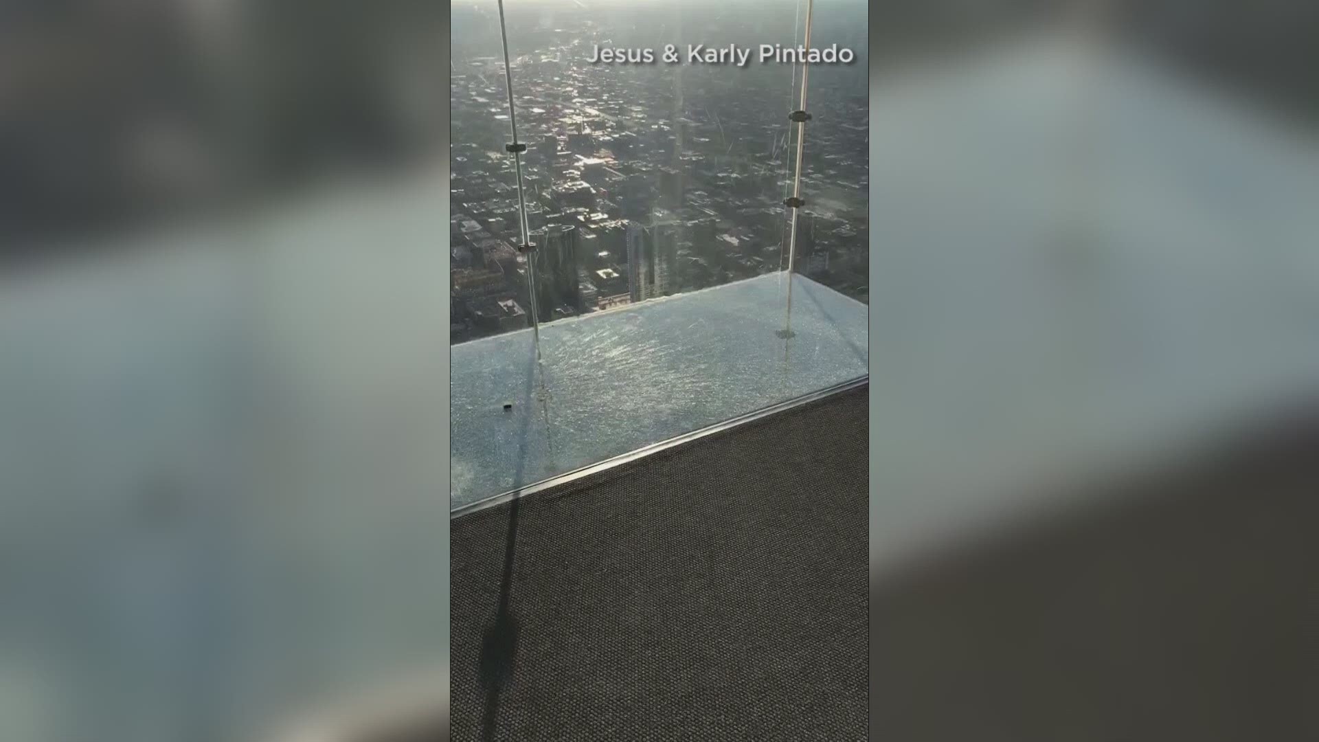 A glass observation deck on a Chicago high-rise cracked under guests' feet, causing a scare Monday.

CBS reports the shattered protective glass layer covers the glass bottom of the deck on the 103rd floor of the Willis Tower.

A witness said a woman and two kids were on the deck when the glass broke.