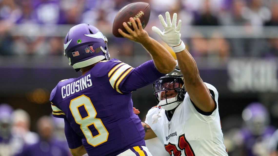 Tampa Bay Buccaneers linebacker Devin White (45) leaves the field after an  NFL football game against the Minnesota Vikings, Sunday, Sept. 9, 2023 in  Minneapolis. Tampa Bay won 20-17. (AP Photo/Stacy Bengs