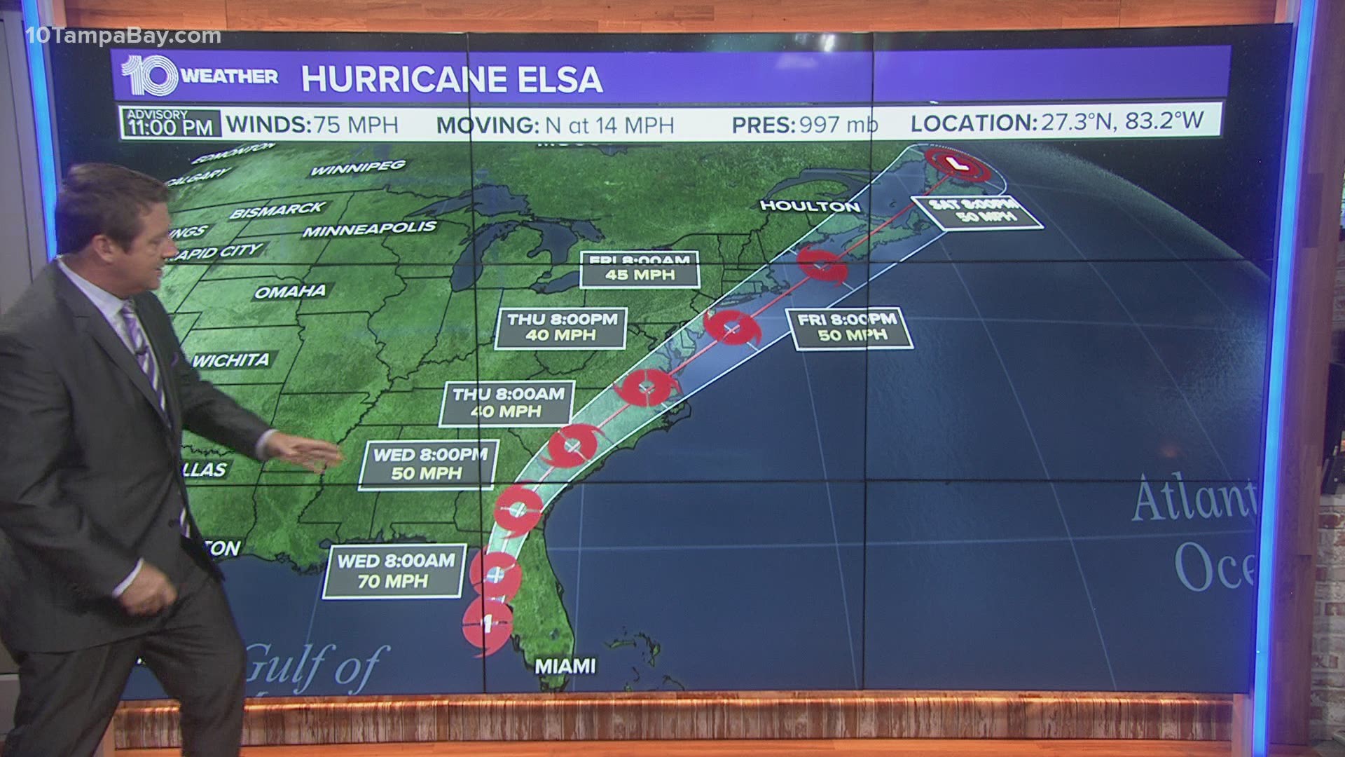 Elsa remains a 75-mph storm as of the National Hurricane Center's 11 p.m. advisory.