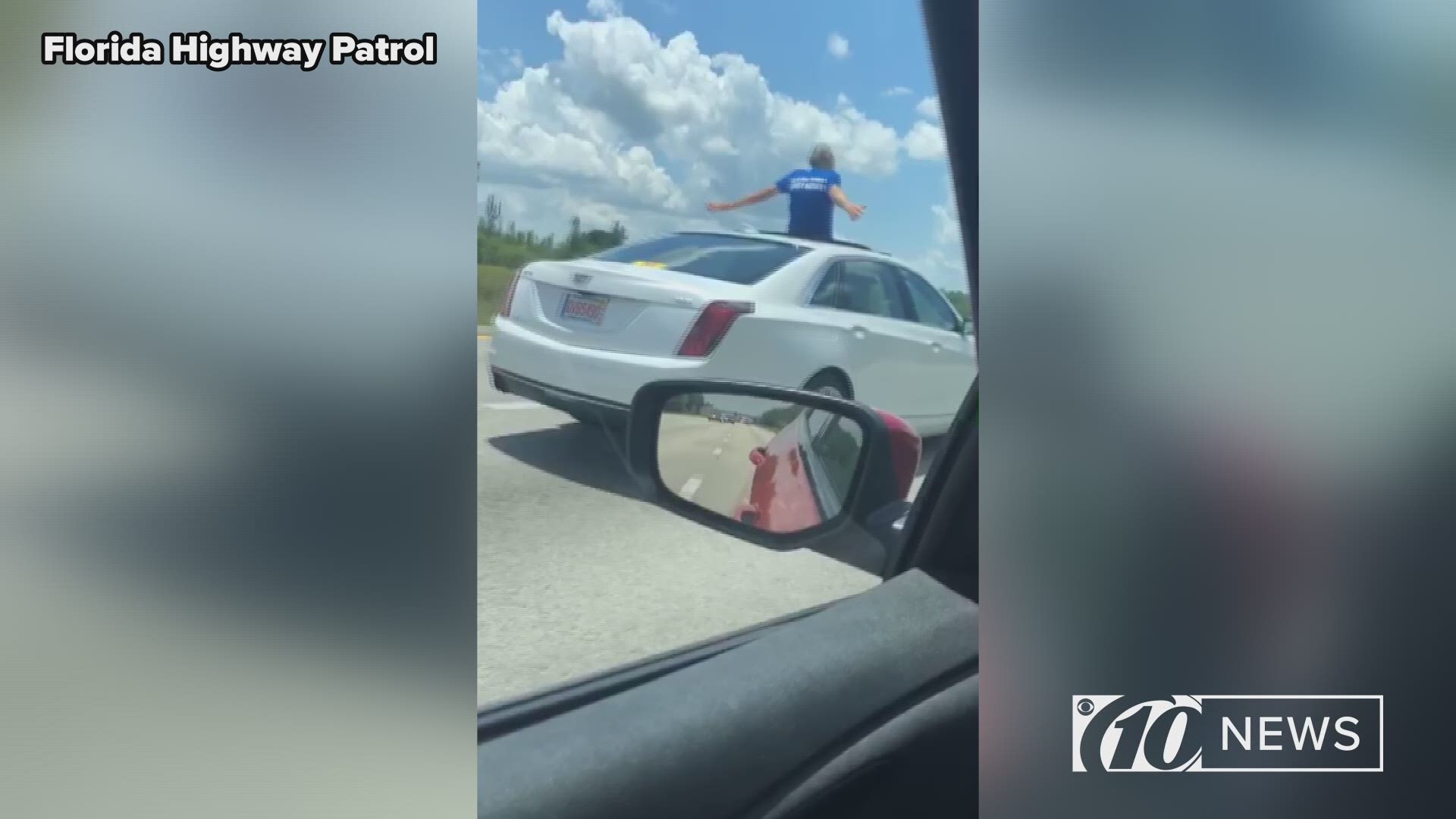 Leonard Olsen was arrested after Florida Highway Patrol officials say he was sitting on top of a Cadillac sunroof while cruising westbound on I-4.