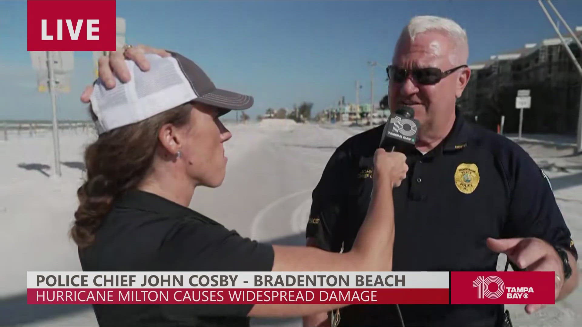 10 Tampa Bay's Jennifer Titus speaks to the police chief on Milton's impacts in Bradenton Beach.