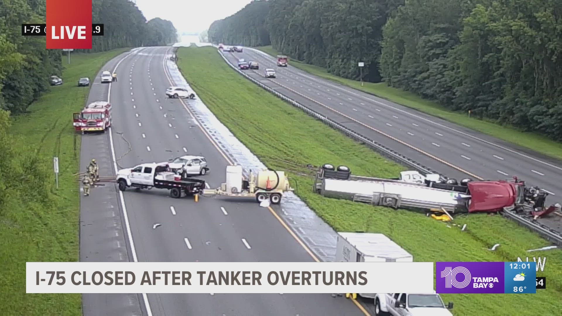 I 75 closed near Gainesville after tanker truck overturns