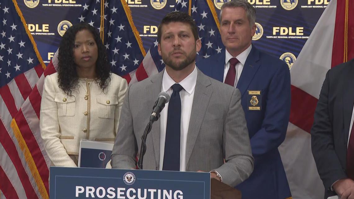 Attorney General James Uthmeier speaking at news conference in Tampa