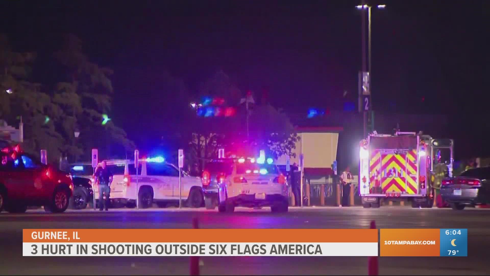 A spokesperson for Six Flags Great America said the victims were in a parking lot outside Six Flags Great America in Gurnee when shots were fired from a vehicle.