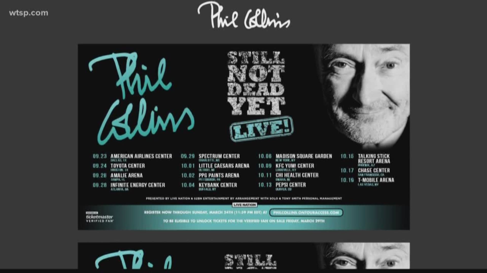 Phil Collins is coming to Tampa later this fall.

Collins will bring his “Still Not Dead Yet, Live!” tour to Amalie Arena on Sept. 26. It follows Collins’ “Not Dead Yet” 2018 tour.