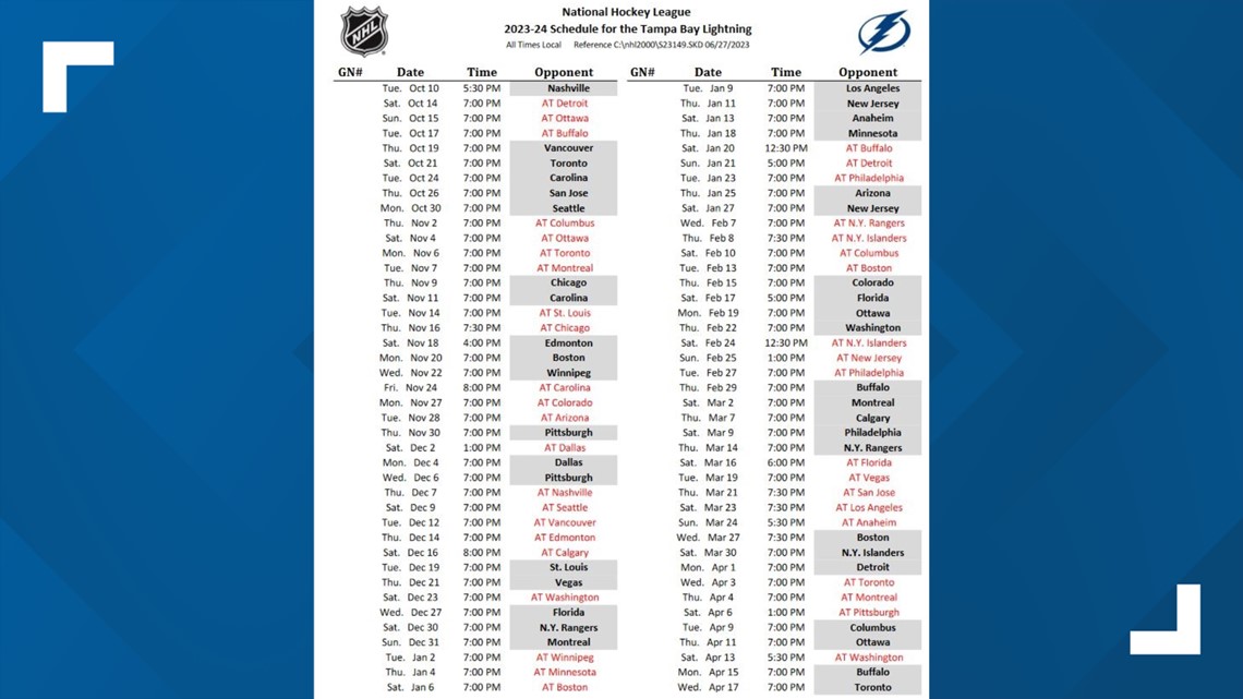 Lightning release 2023-2024 regular season schedule