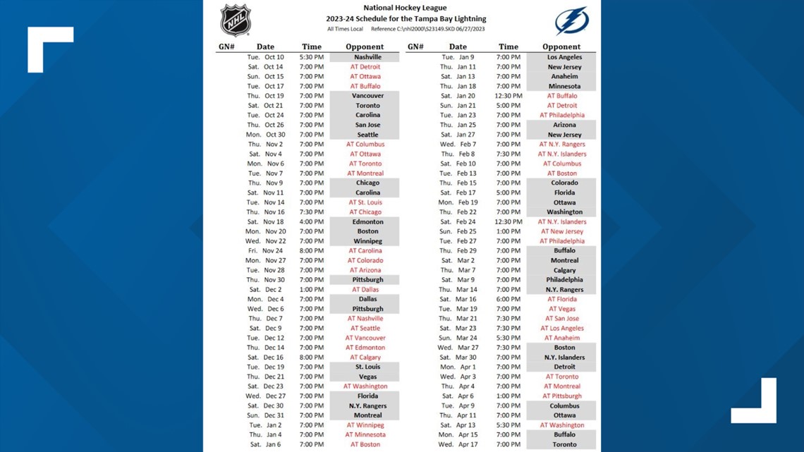 Judy Casey Berita: Nhl Schedule 2023 24 Tampa Bay Lightning