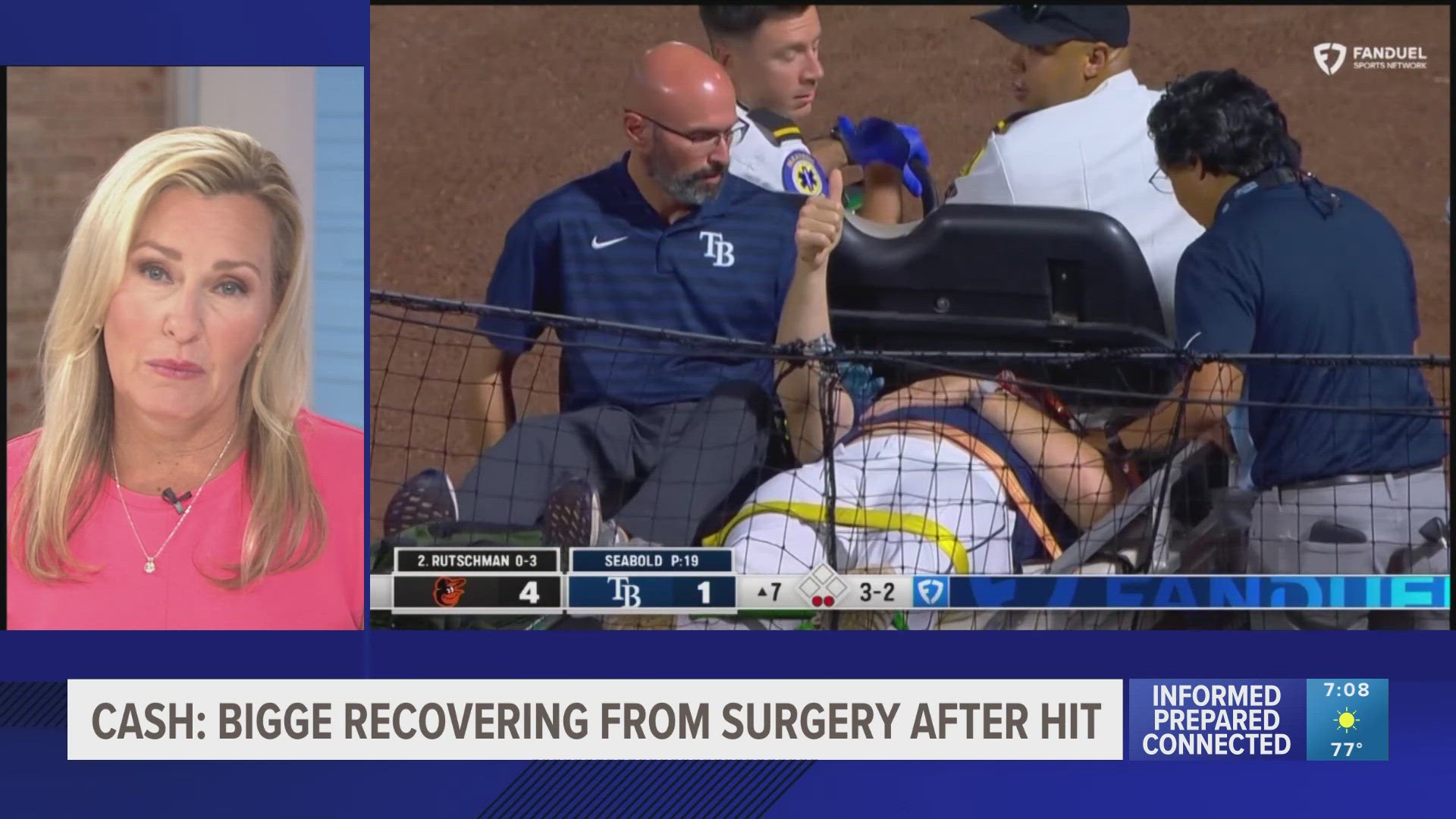 The reliever was hit on the side of his face by a 105 mph line drive. The Rays say he never lost consciousness and is still able to see out of both eyes.