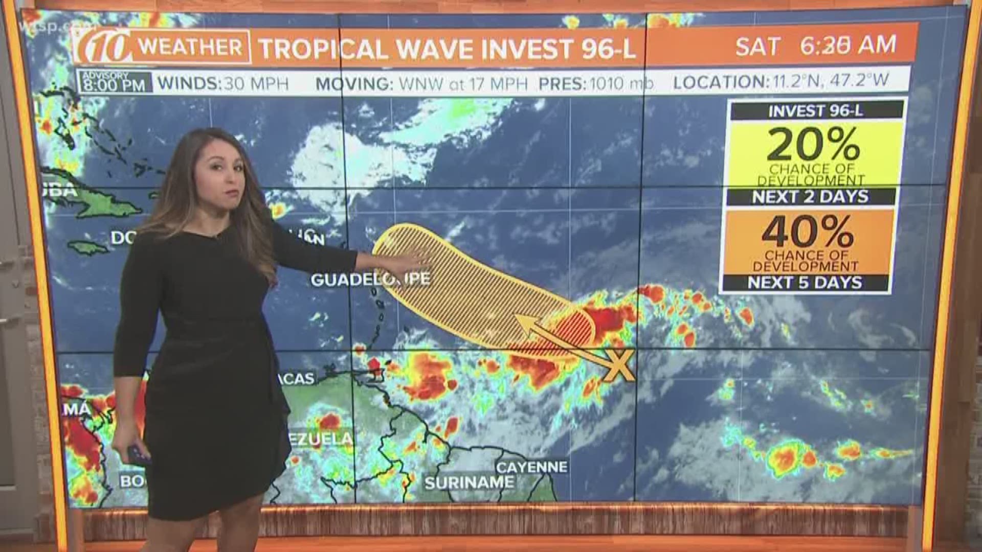 The National Hurricane Center and 10News weather team are tracking a tropical wave in the Atlantic Ocean.

The low-pressure system is located over the central tropical Atlantic Ocean about midway between the Cabo Verde Islands and the Lesser Antilles.

Some slow development of this system is possible, and a tropical depression could form well east of the Lesser Antilles by early next week. The system is moving west-northwestward at 10 to 15 mph.