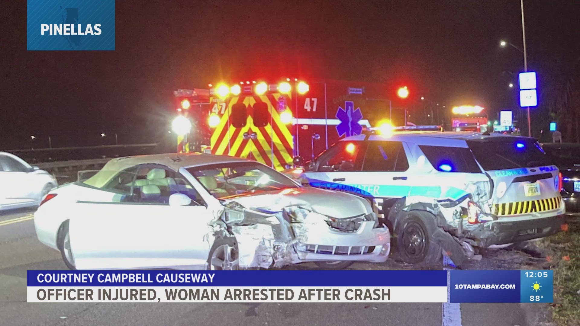 The woman was driving westbound on the Courtney Campbell Causeway when she hit the left side of a police cruiser, authorities said.