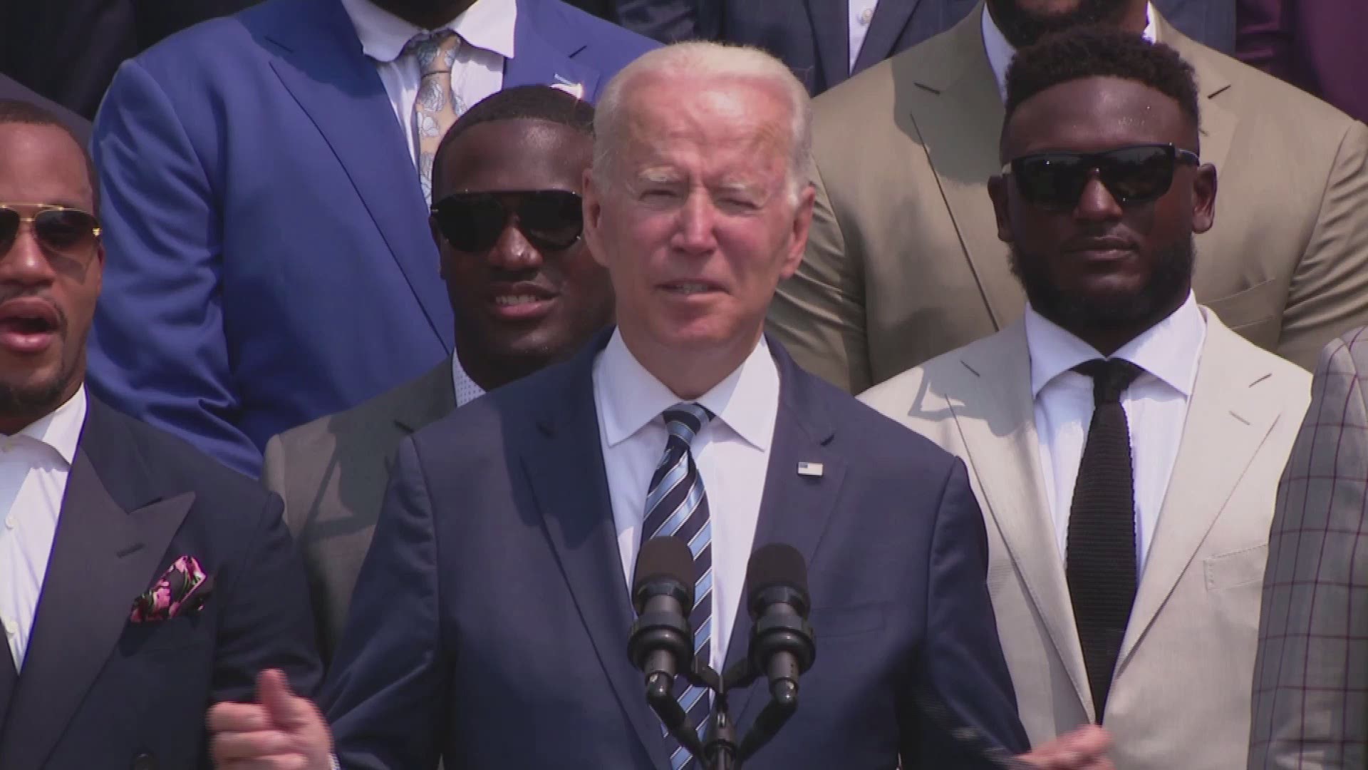 President Biden highlighted the Buccaneers' off-the-field accomplishments, including using Raymond James Stadium as a vaccination site.