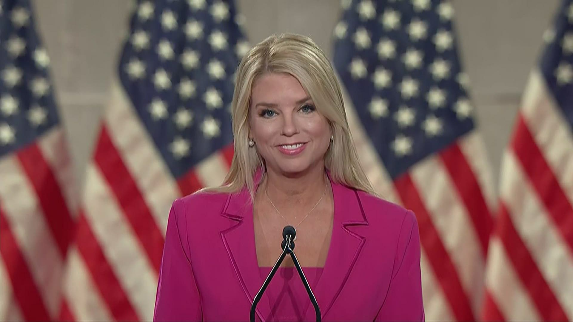 Pam Bondi, the former attorney general of Florida, gave a speech during the second night of the Republican National Convention.