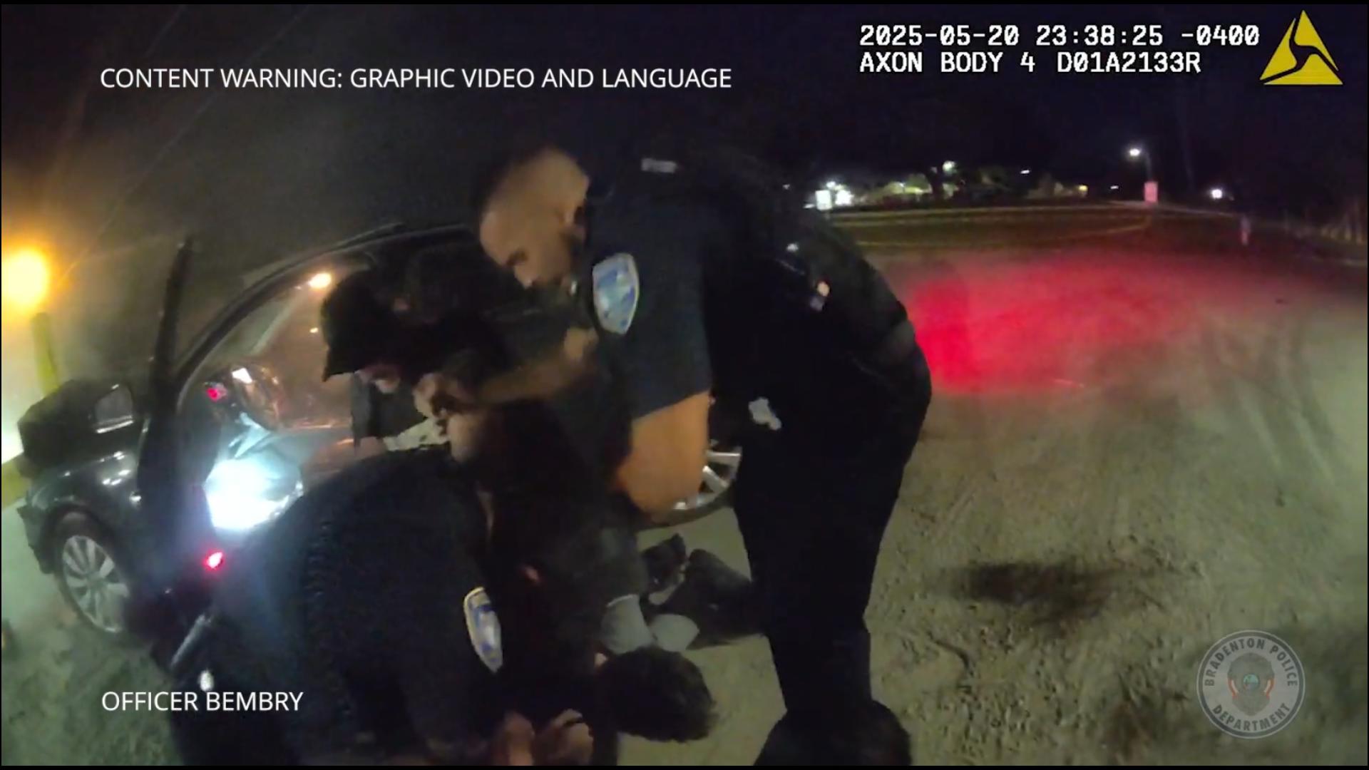 What started as a traffic stop escalated into a dangerous crash Tuesday night, with a Bradenton police officer getting pinned between a driver and his dashboard.