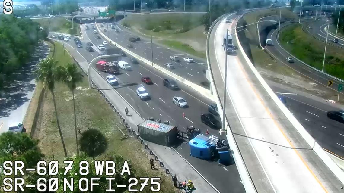 Overturned semi-truck blocks part of SR-60 near I-275