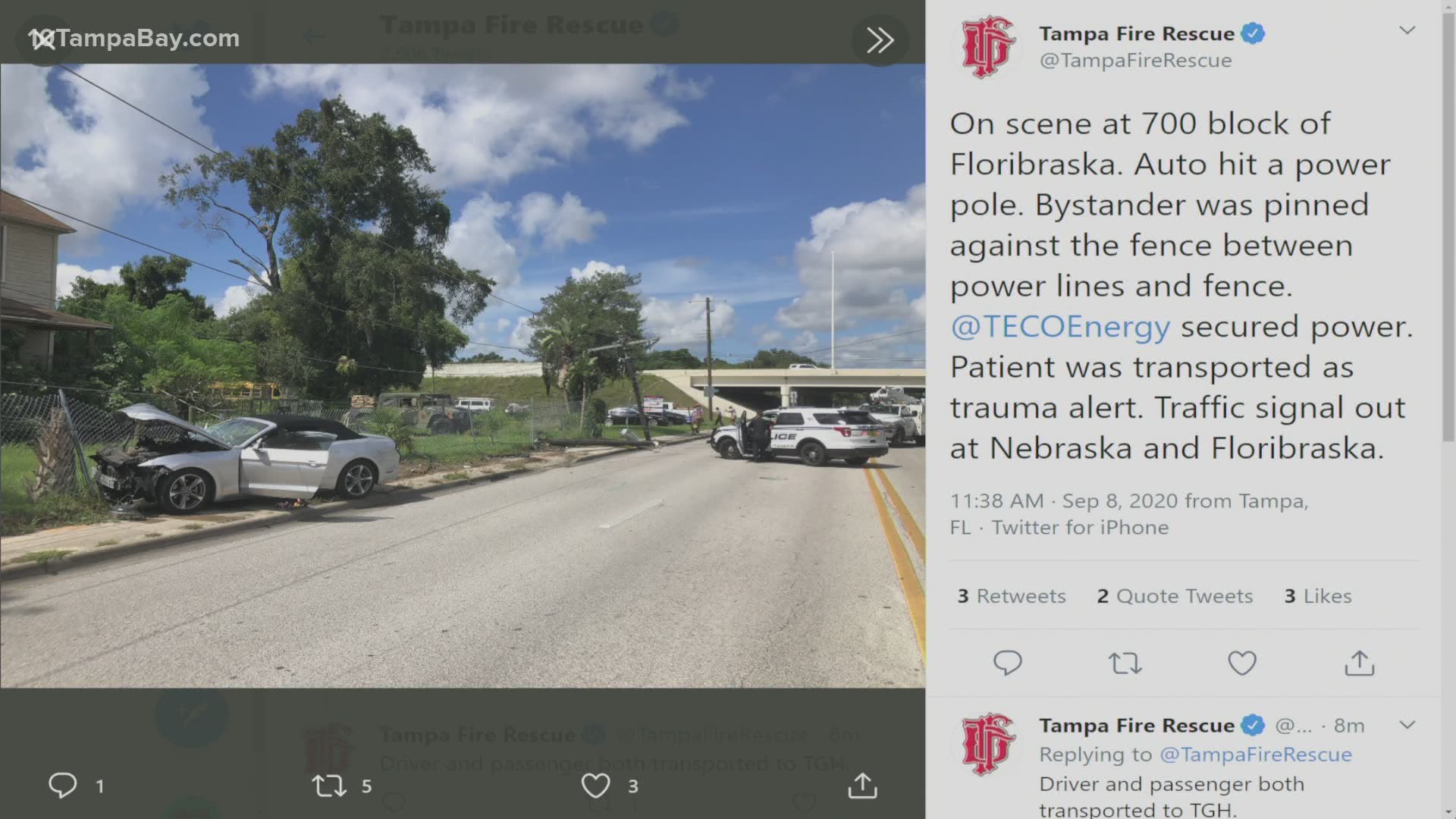 Tampa Fire Rescue said one patient was taken to the hospital as a trauma alert, and both the driver and passenger of the car were transported as well.