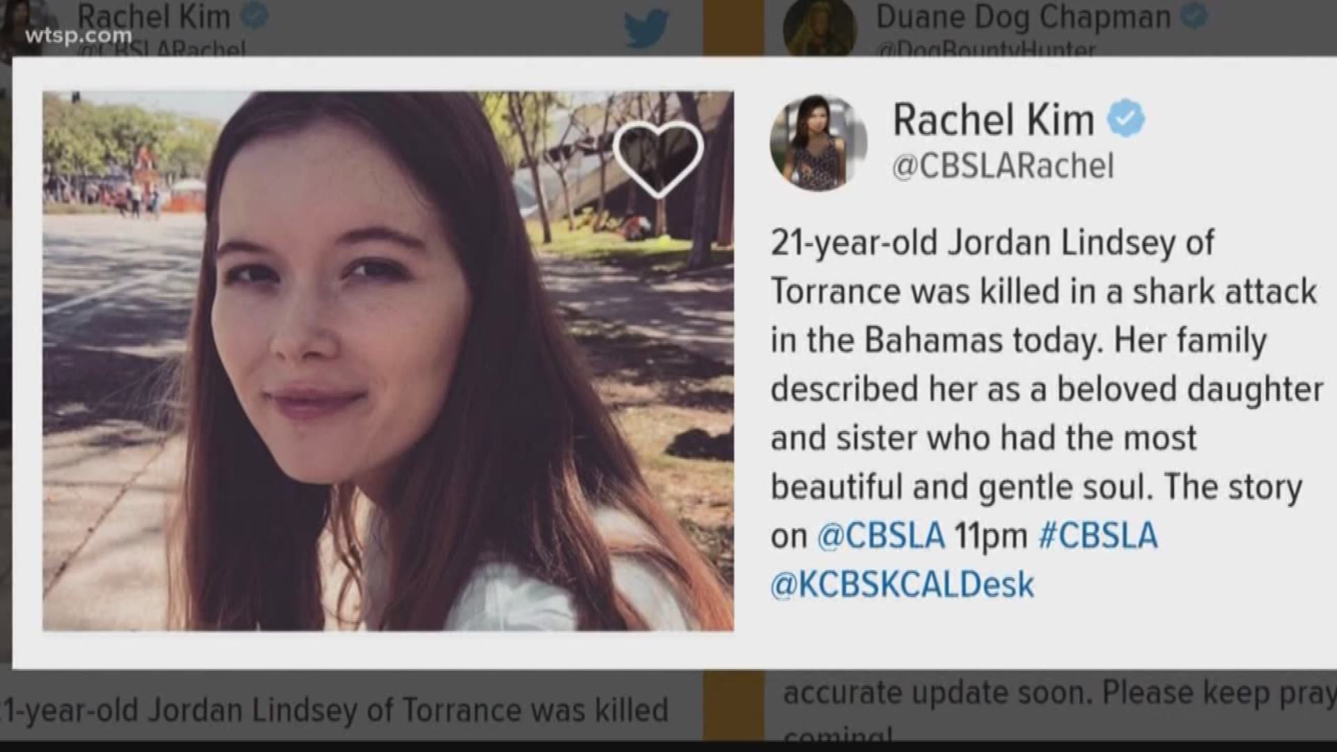 Jordan Lindsey, 21, of California was vacationing with her family when she was attacked by three sharks. https://on.wtsp.com/2RG3JDb